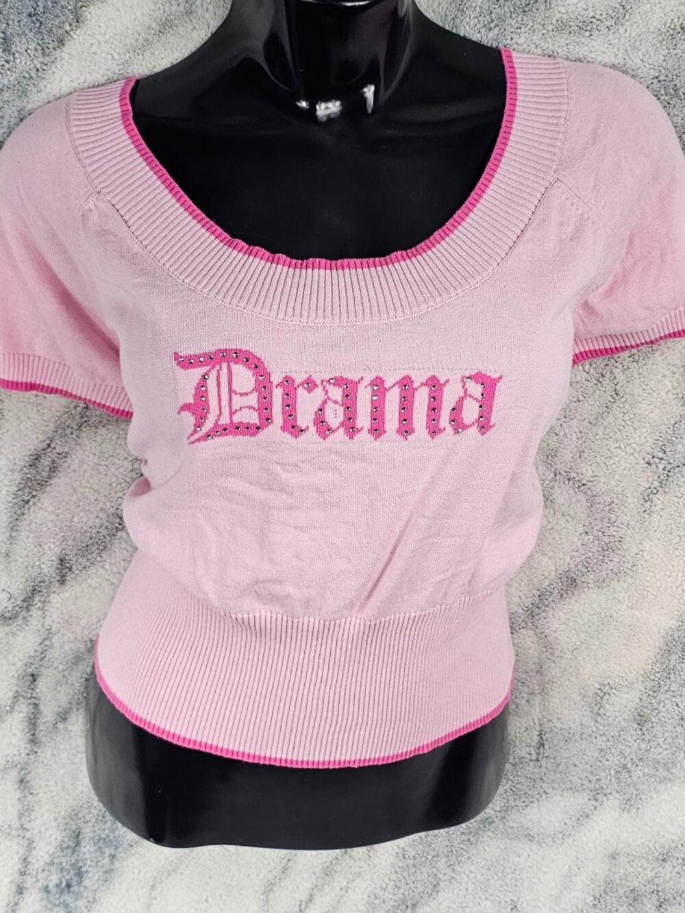 Sugar Thrillz 2X Plus Pink Rib Knit Drama Graphic Crop Sweater Rhinestone Bling